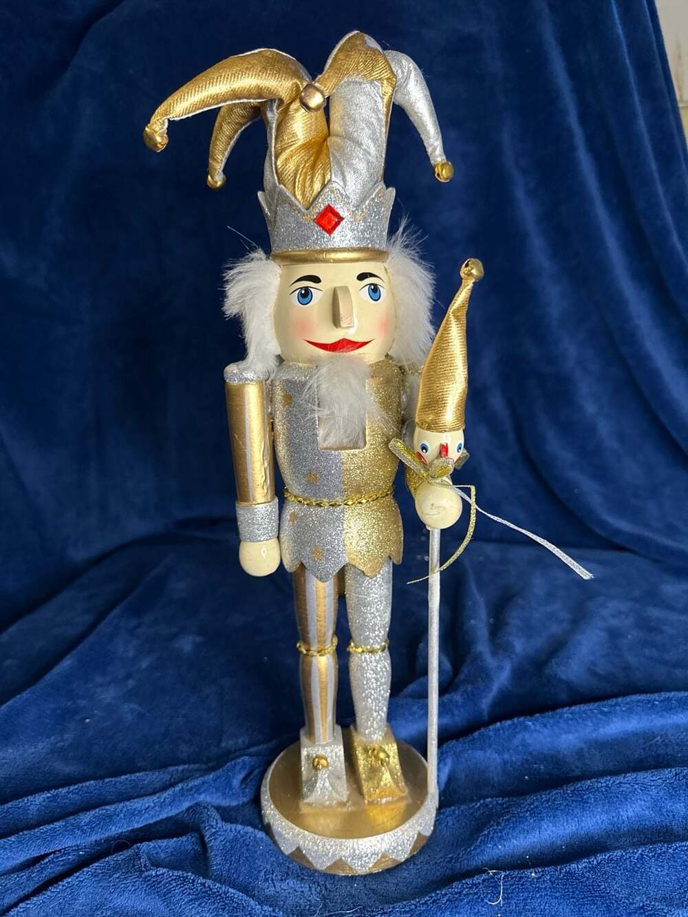 HomeGoods Gold and Silver Glitter Jester Nutcracker with Staff Holiday Decor